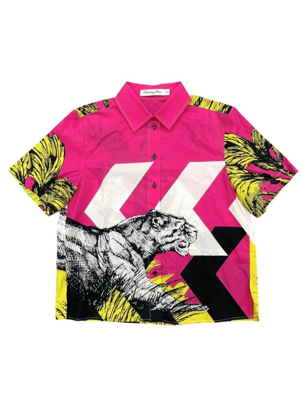 Dior Short Sleeve Shirt Tiger Print 34 Sizes Cotton Pink Yellow